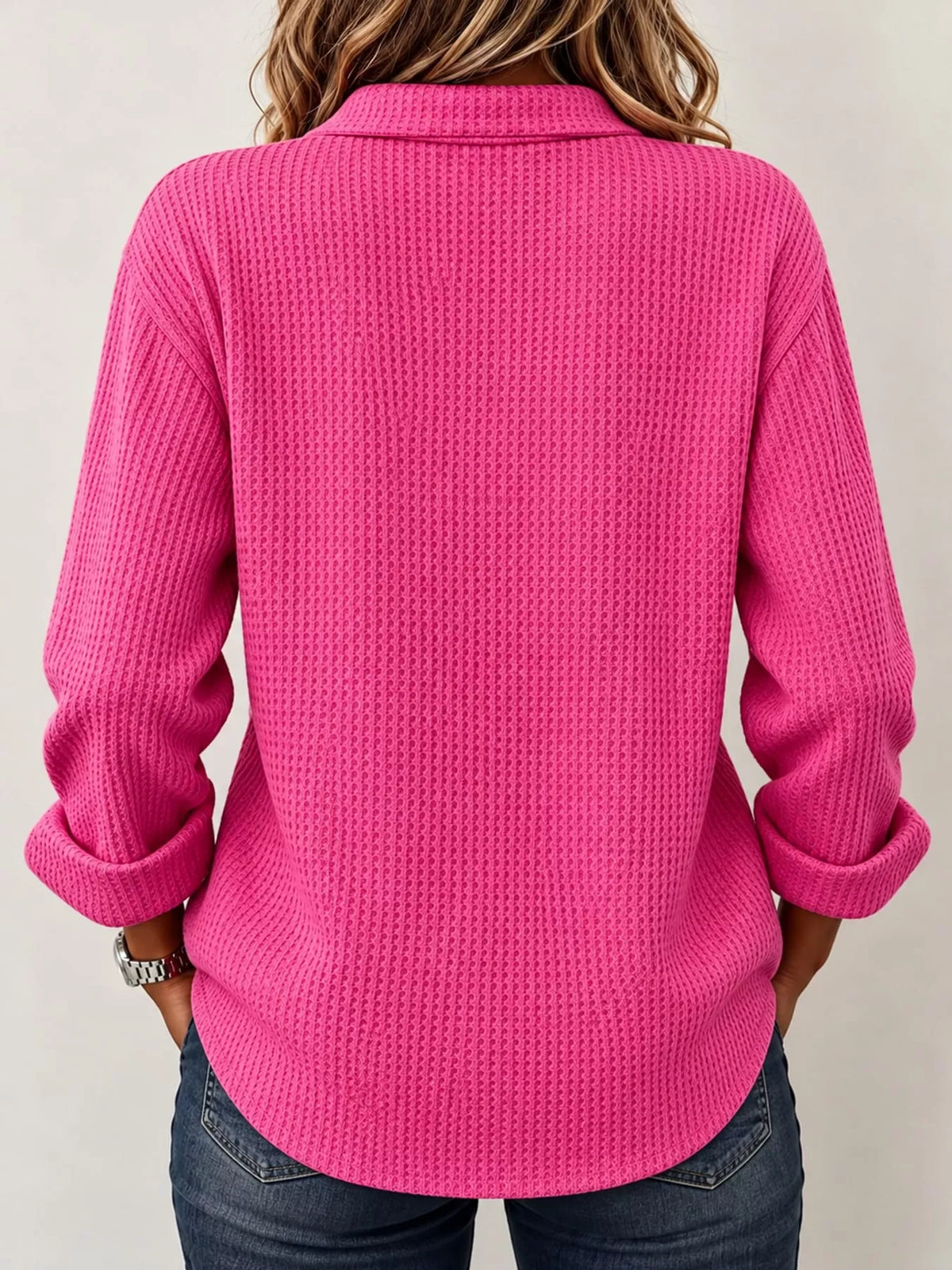 Pink waffle knit long sleeve polo top, back view