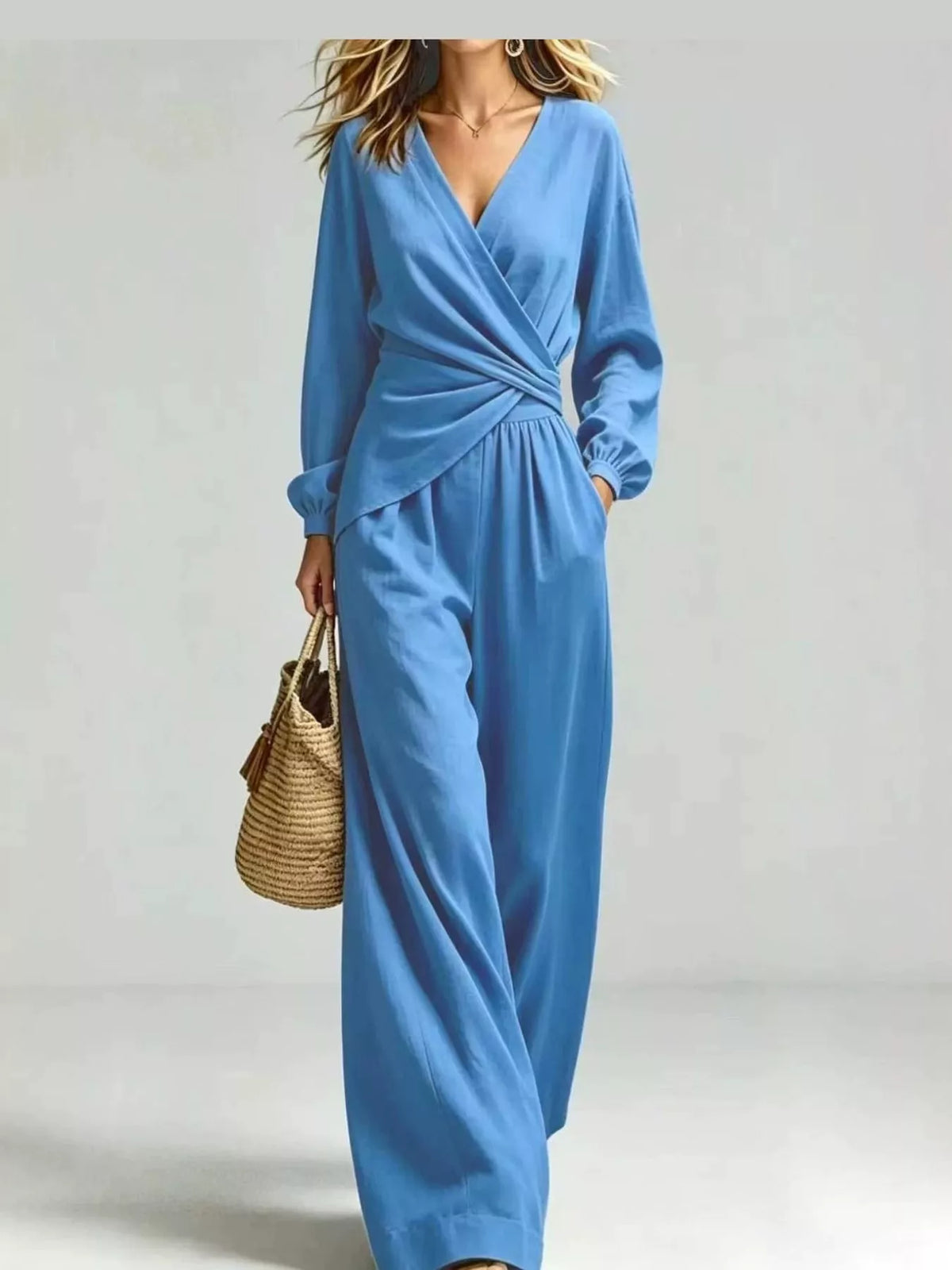V-Neck Long Sleeve Top and Wide-Leg Pants Set — front view
