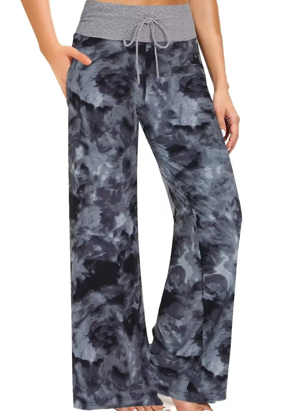 Wide-leg lounge pants, gray tie-dye front