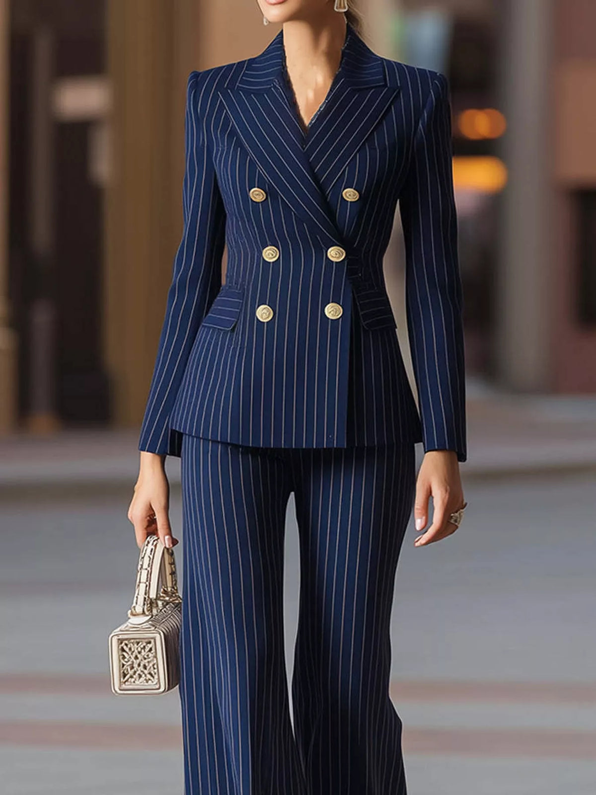 Pinstripe pantsuit, navy pinstripe front buttons