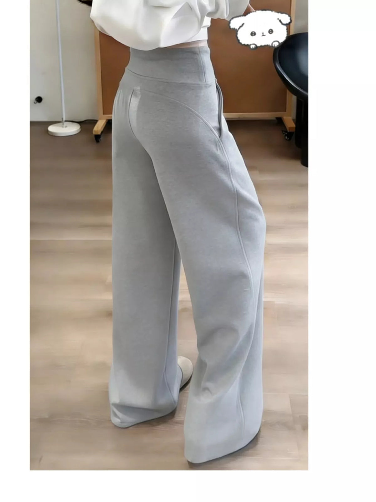 Gray drawstring wide-leg pants — back view