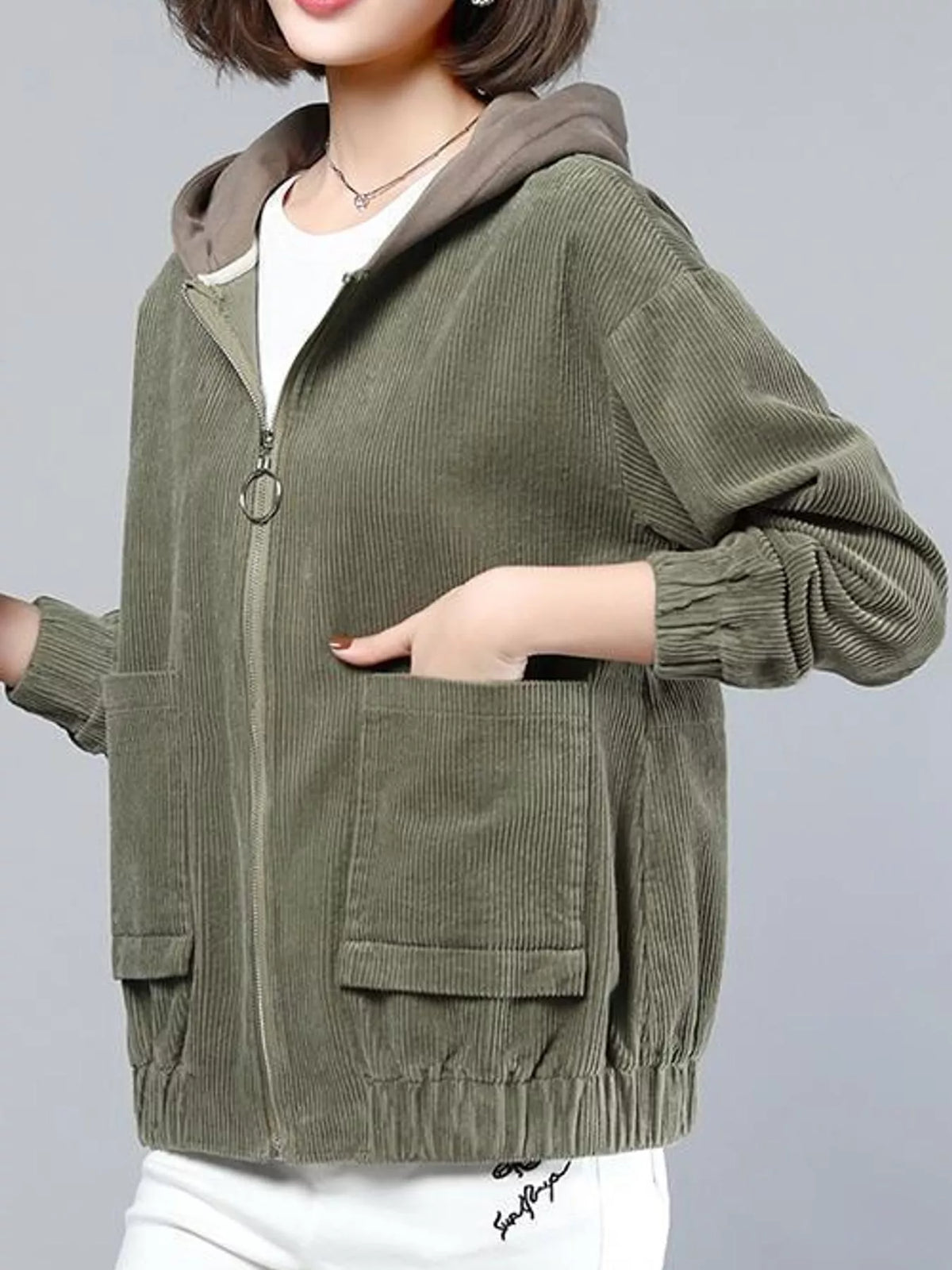 Olive corduroy hooded zip-up jacket — front view