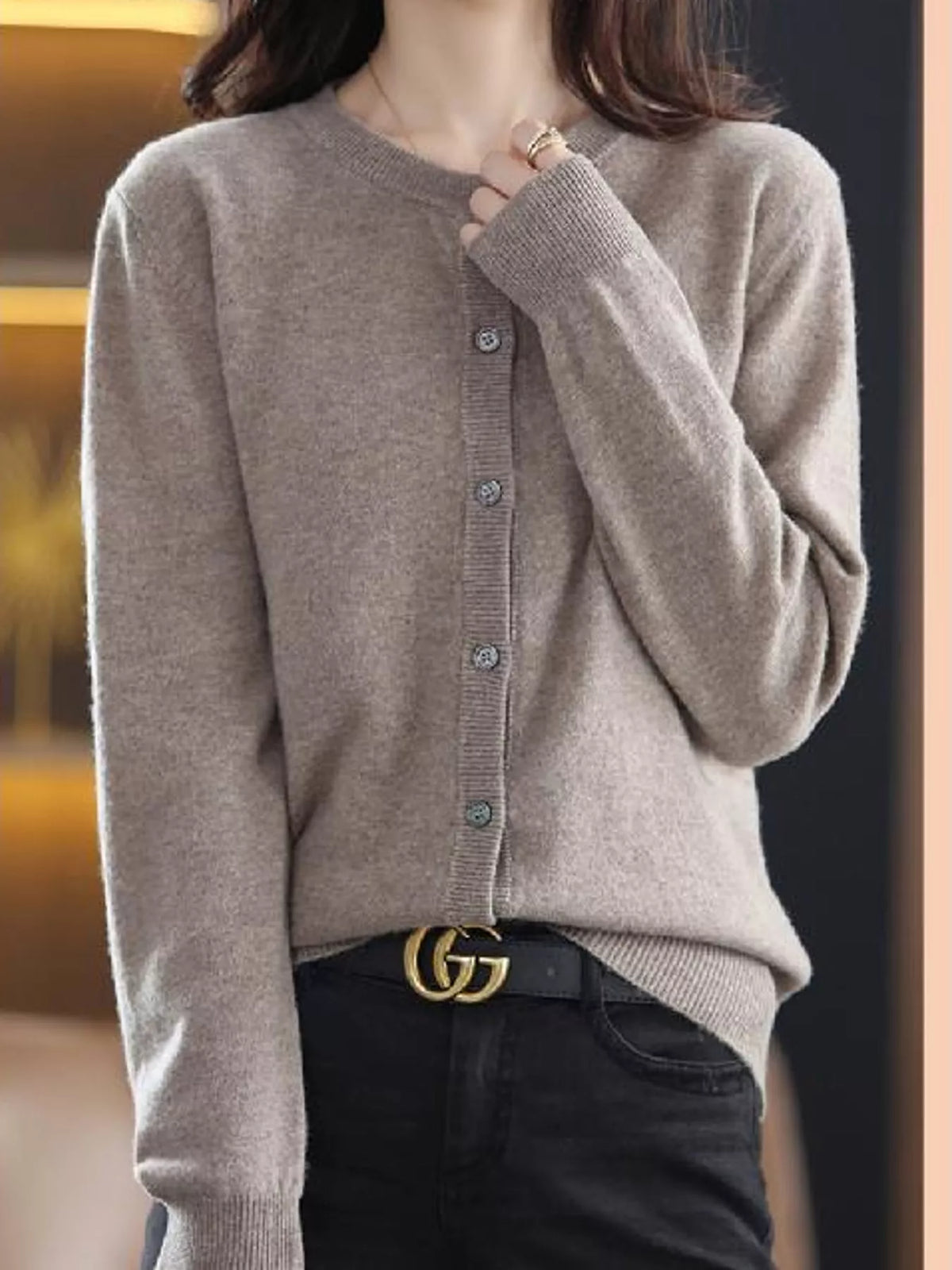 Women's Crew Neck Button-Down Knit Cardigan in taupe — front view