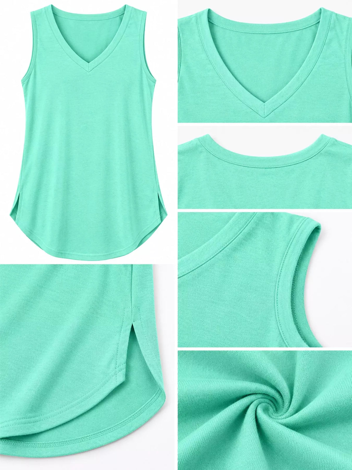 Mint v-neck loose fit tank top, V-neckline, armhole, curved hem, and side slit close-ups