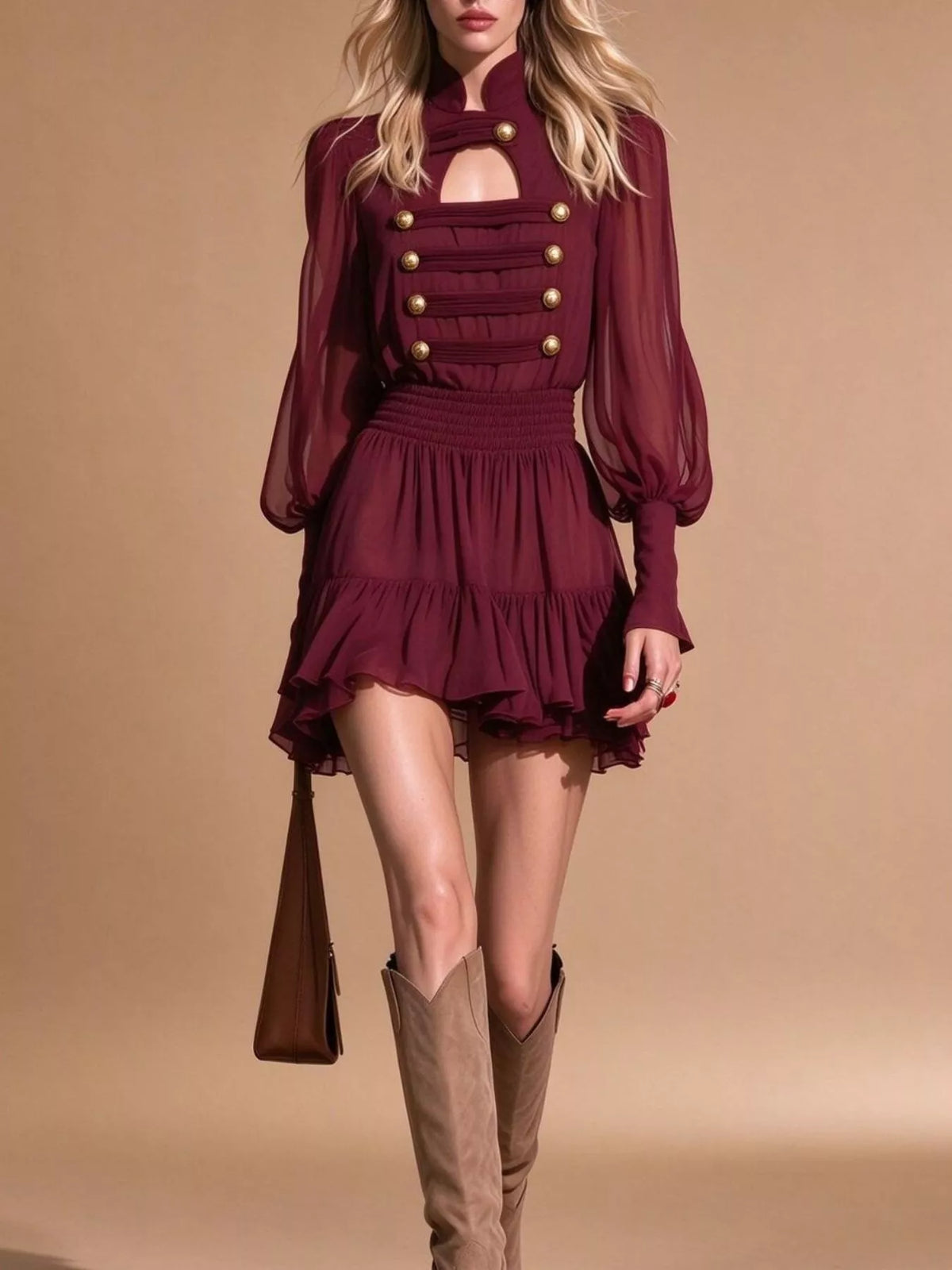 Burgundy ruffled chiffon mini dress
