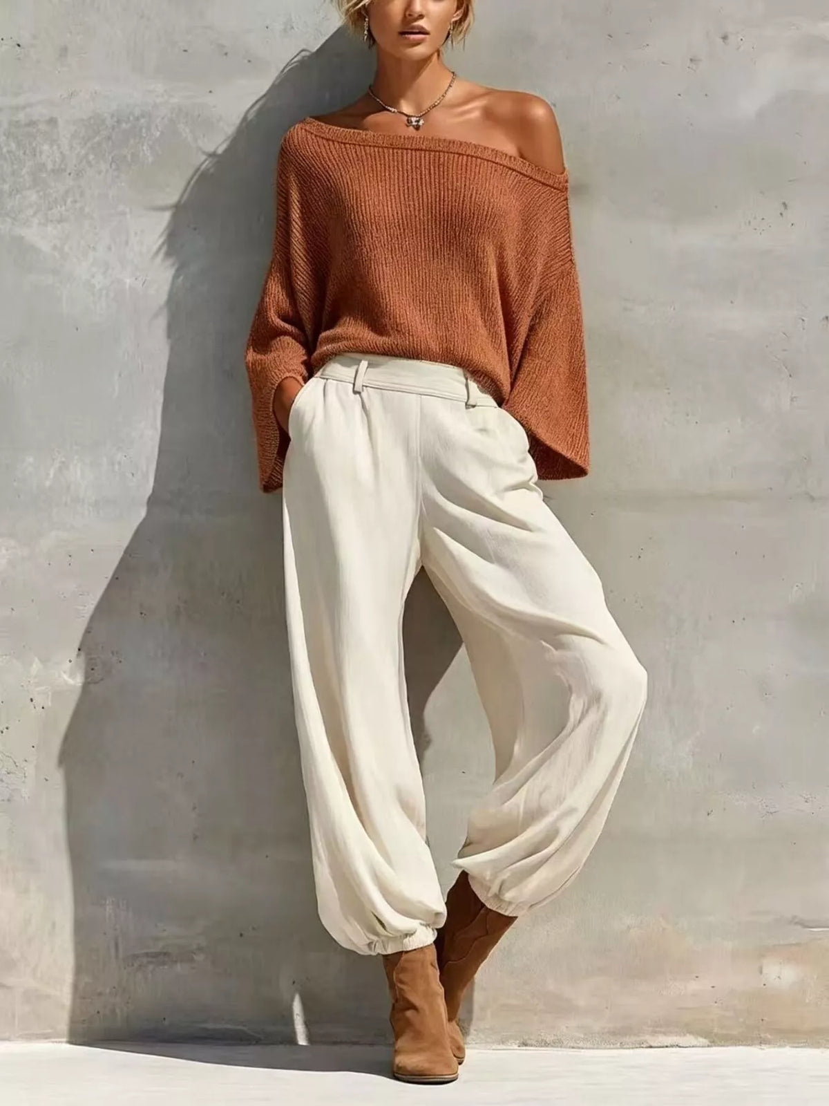 Rust one-shoulder knit top and pants set, full set front view.