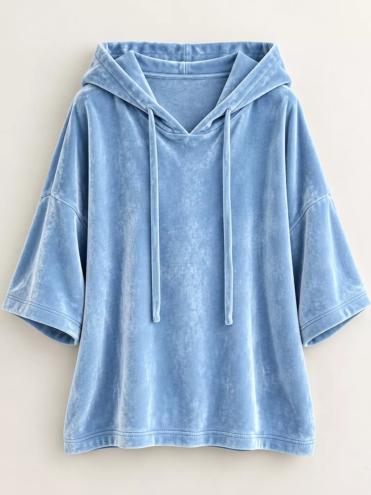Blue velvet half sleeve hoodie with drawstring