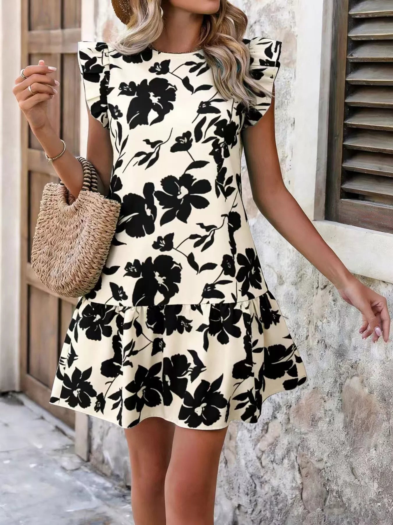 Trendsi Floral Print Ruffle Sleeve Mini Dress -