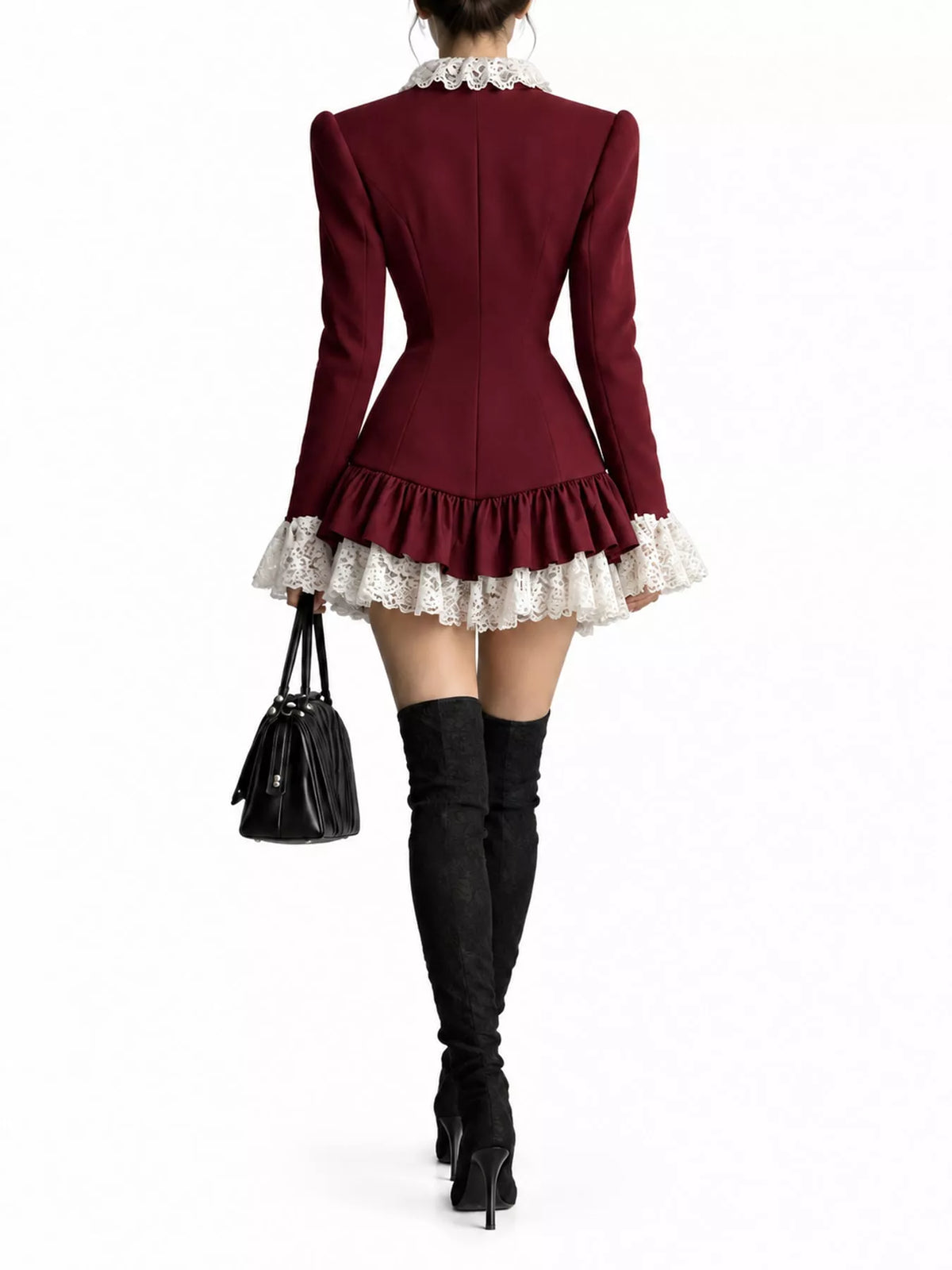 Burgundy lace trim blazer dress, back view