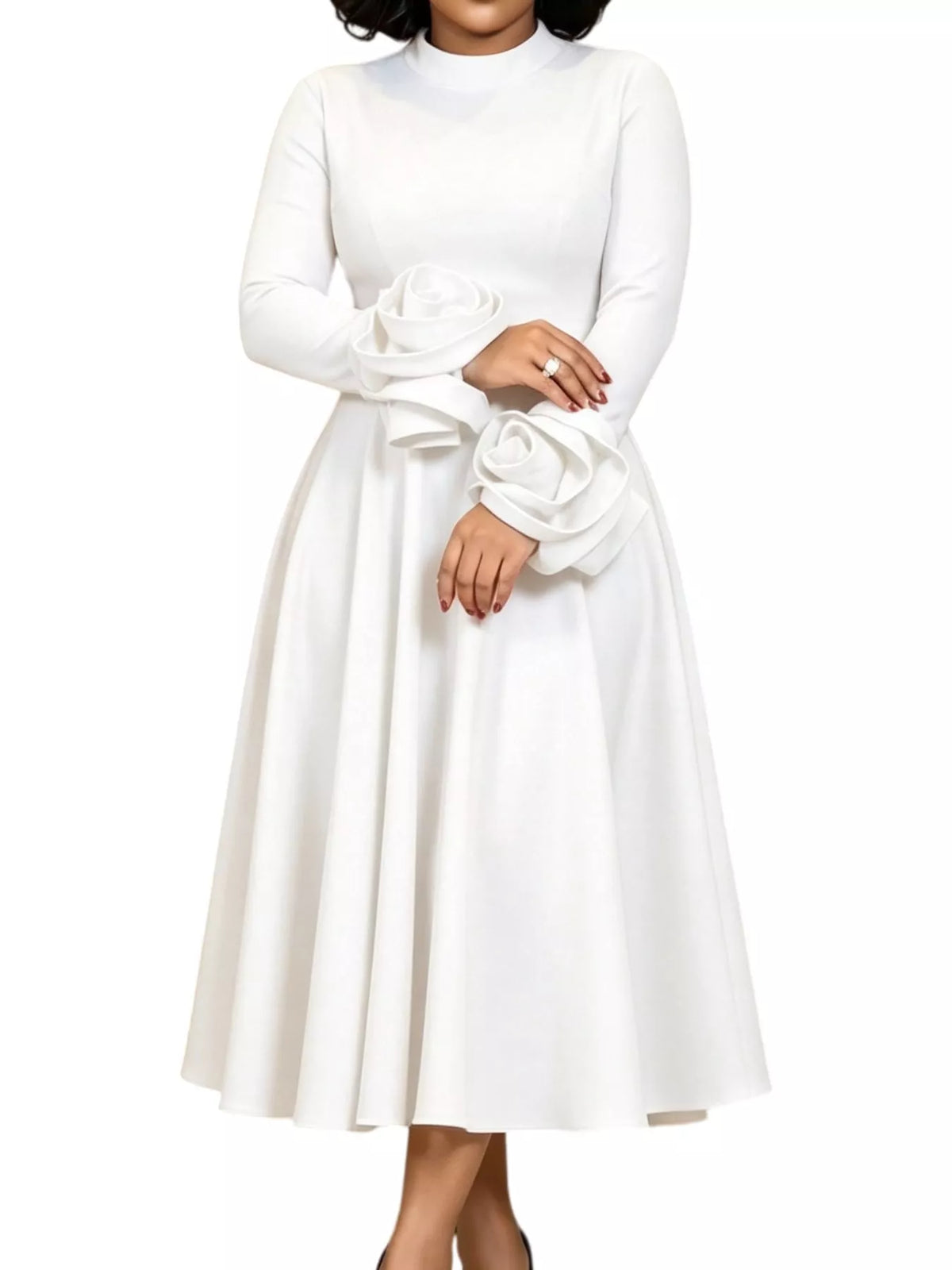 Mock neck long sleeve midi dress, construction and design details
