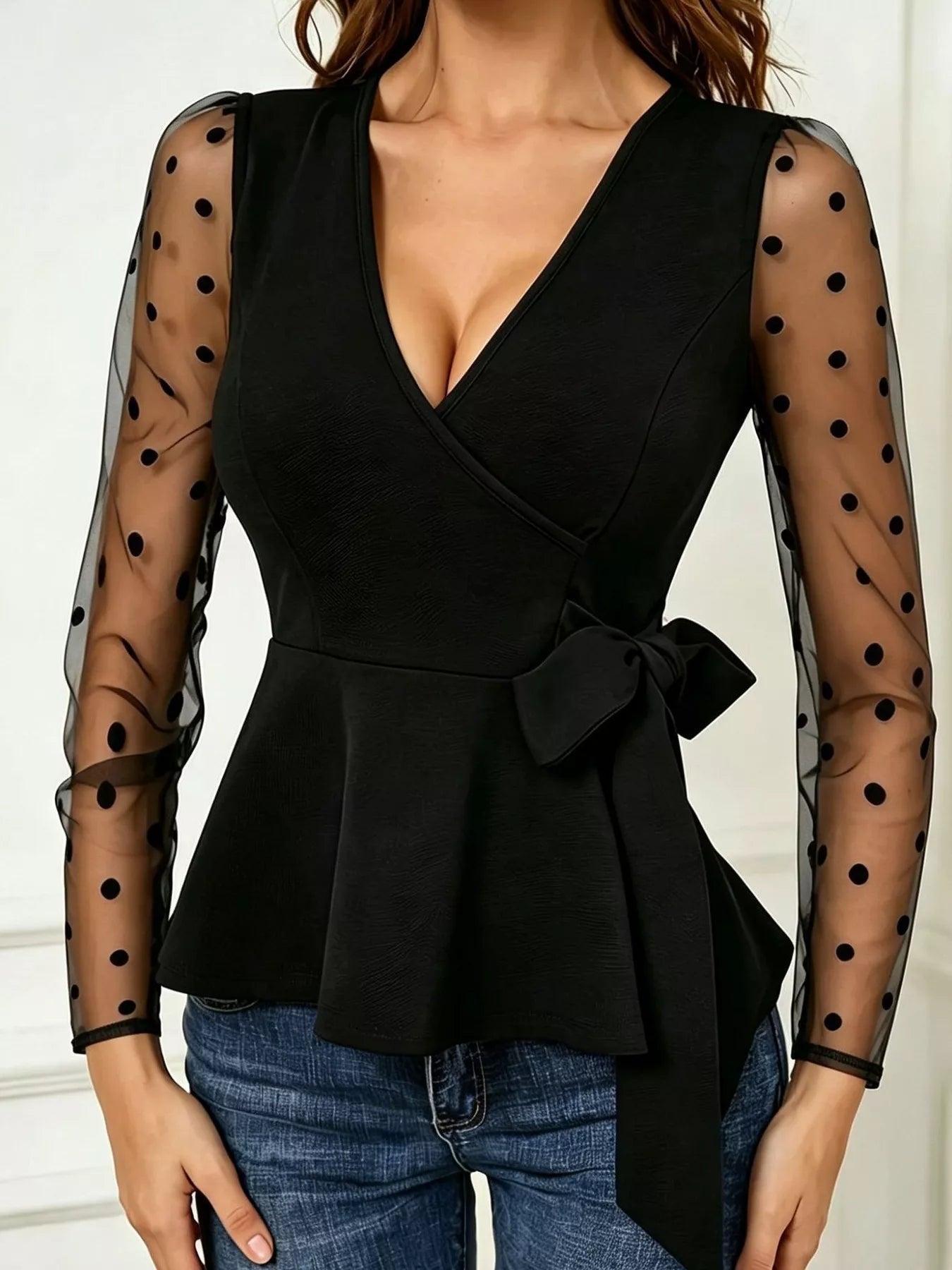 Trendsi Polka Dot Mesh Sleeve Peplum Blouse -