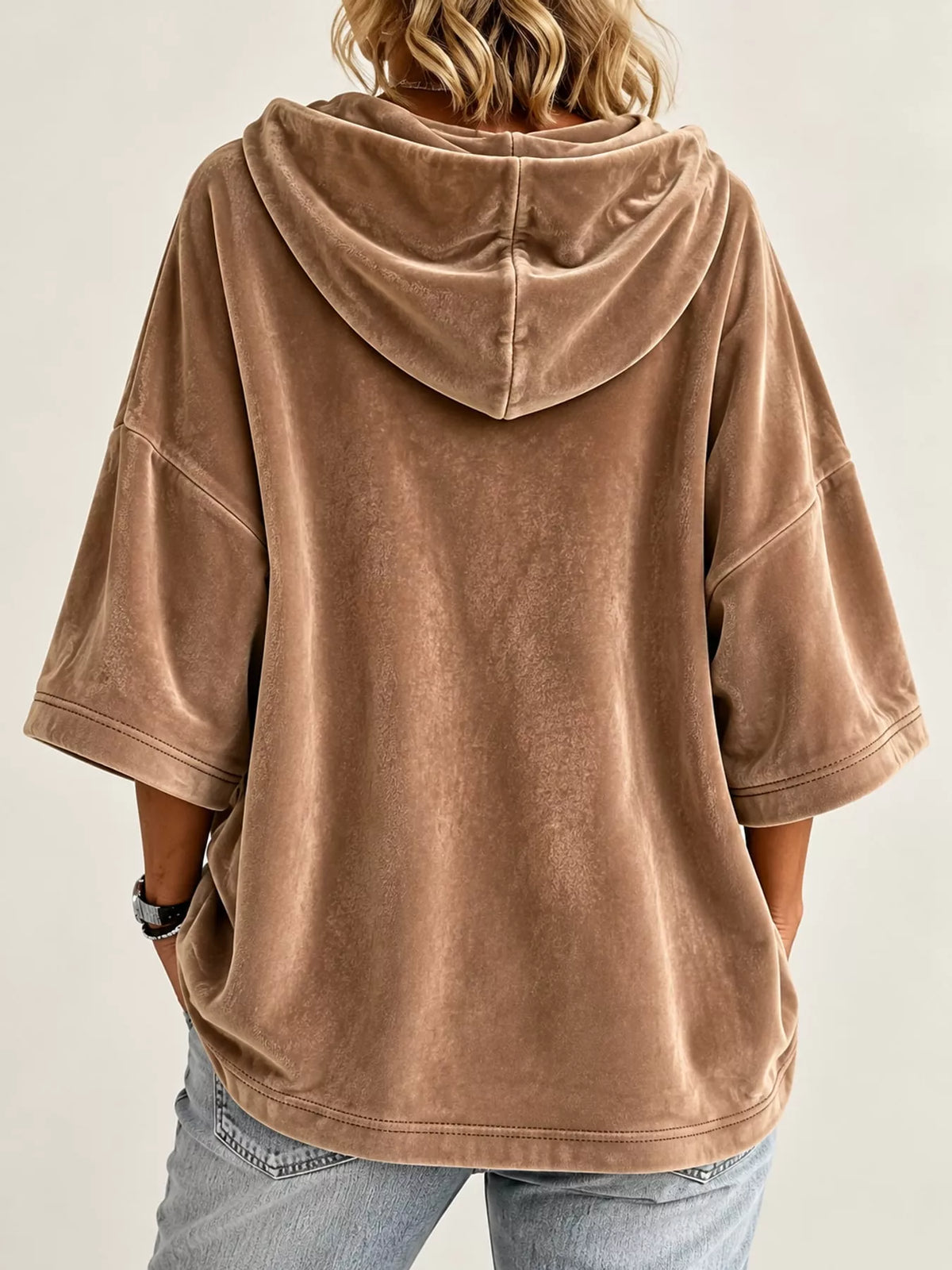 Brown velvet half sleeve hoodie with drawstring, back view