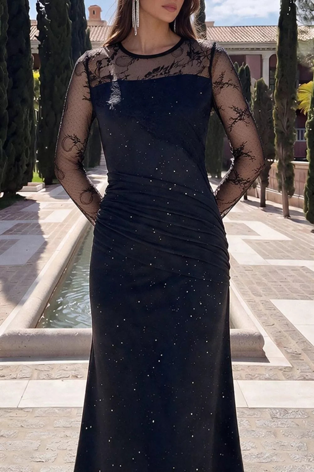 Glitter mesh long sleeve maxi dress