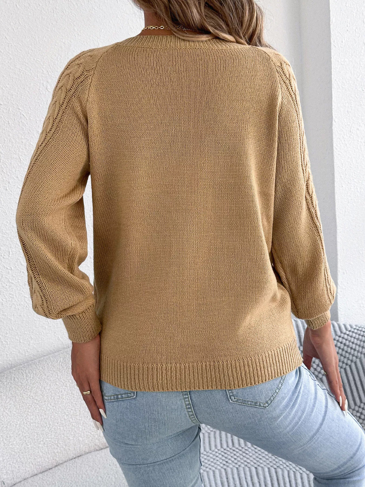 Khaki Color cable knit button-front cardigan, back view