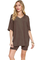 Trendsi Basic Bae Full Size V-Neck Drop Shoulder T-Shirt and Shorts Set -