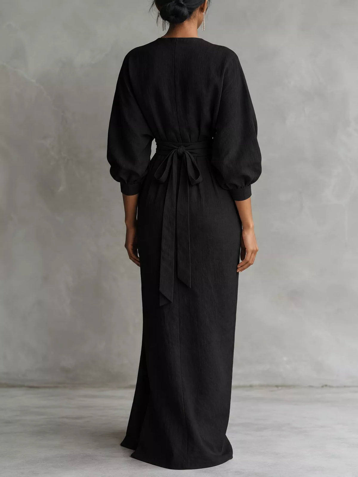 V-neck 3/4 sleeve maxi dress, back view