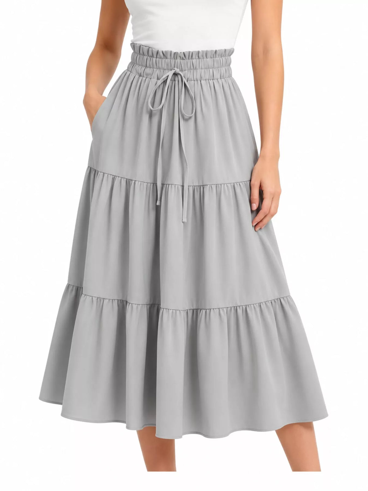 Gray drawstring tiered skirt — front view