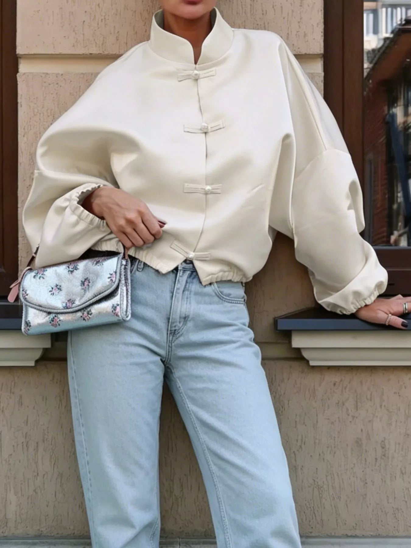 Trendsi Mandarin Collar Pearl Button Shacket -