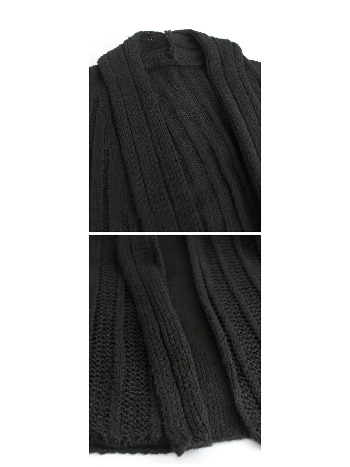 Black ribbed knit open front flared cardigan, detail view