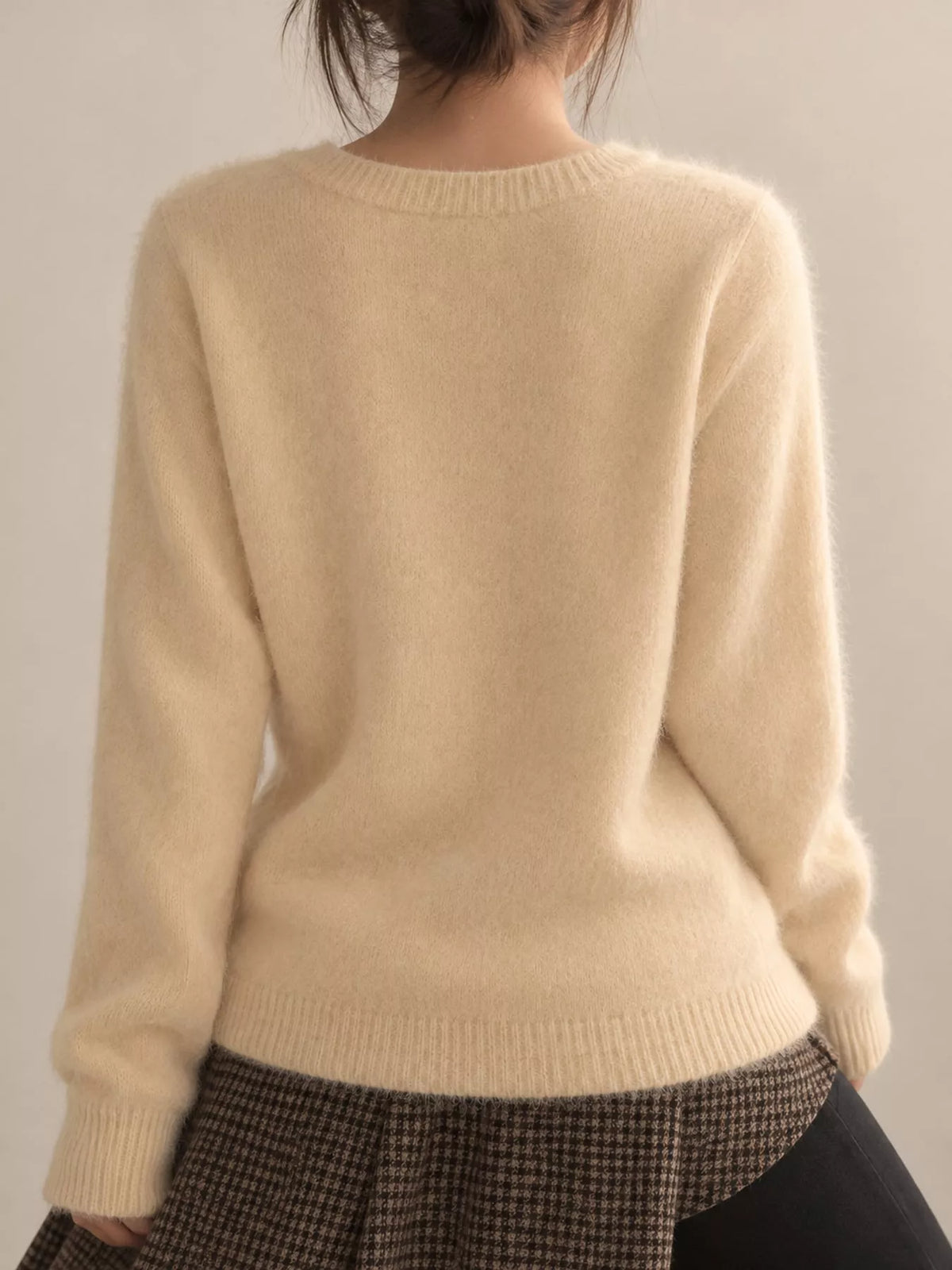 Women's Crew Neck Button-Down Knit Cardigan in cream — back view