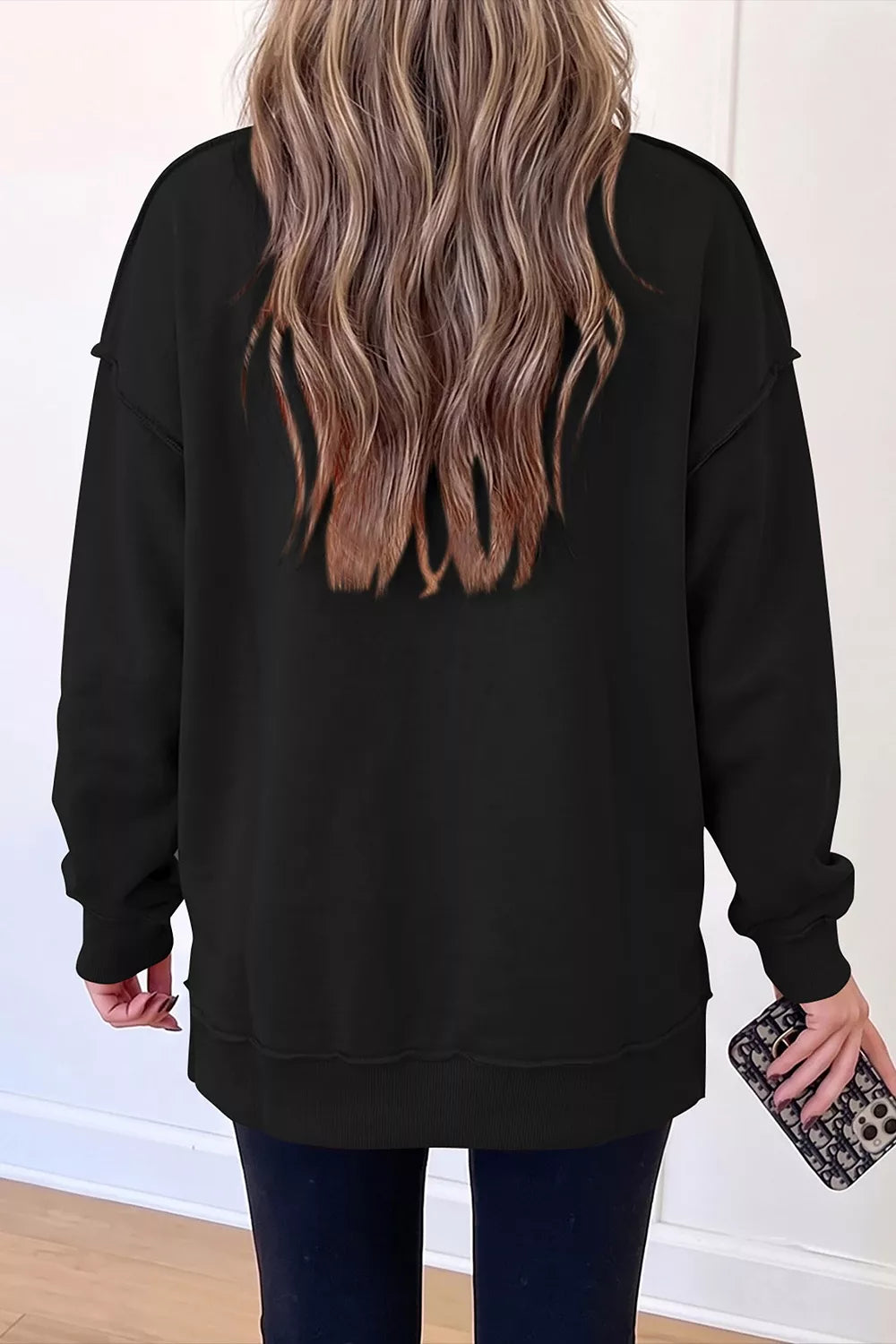 Rhinestone Flying Mallard Mock Neck Tunic Sweatshirt in black, back view