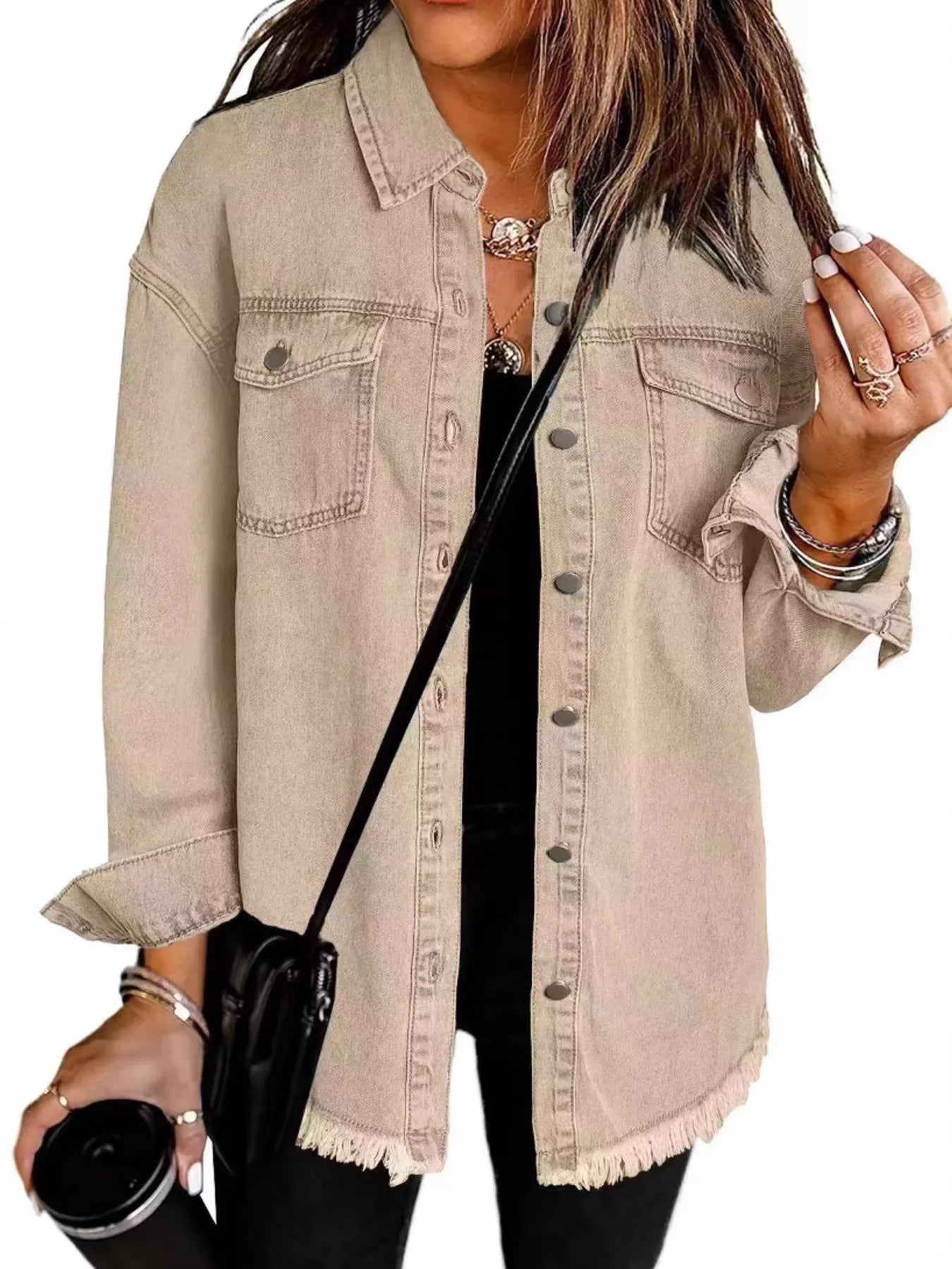 Trendsi Frayed Hem Button Up Denim Jacket -