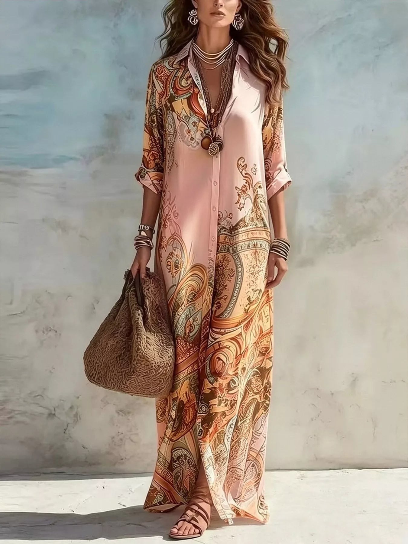 Trendsi Full Size Printed Button Down Roll-Up Sleeve Shirt Maxi Dress Plus Size -