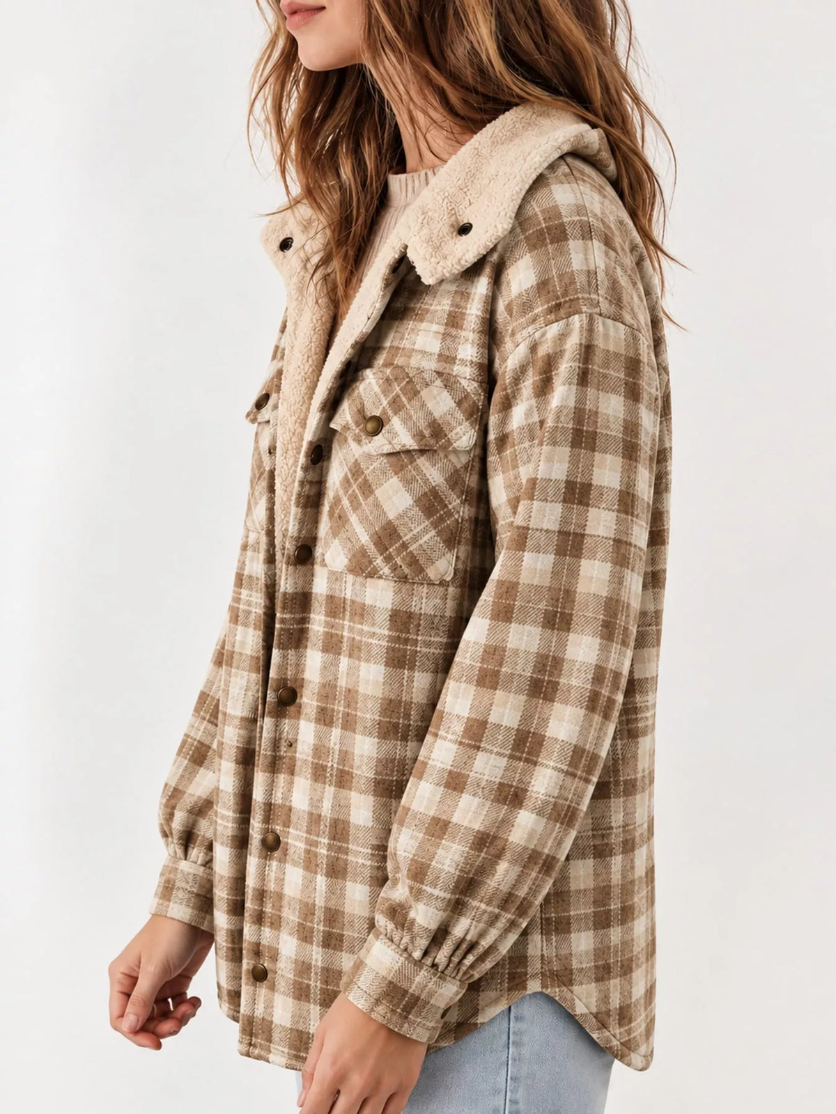 Khaki sherpa-lined plaid hooded jacket, back view