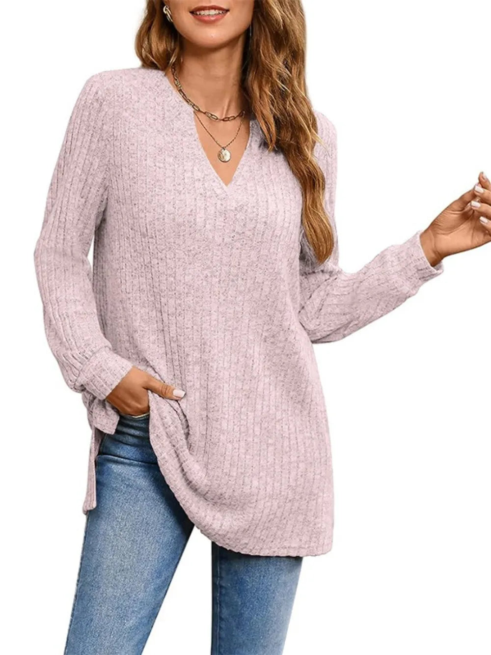 Trendsi Ribbed Notched Long Sleeve T-Shirt -