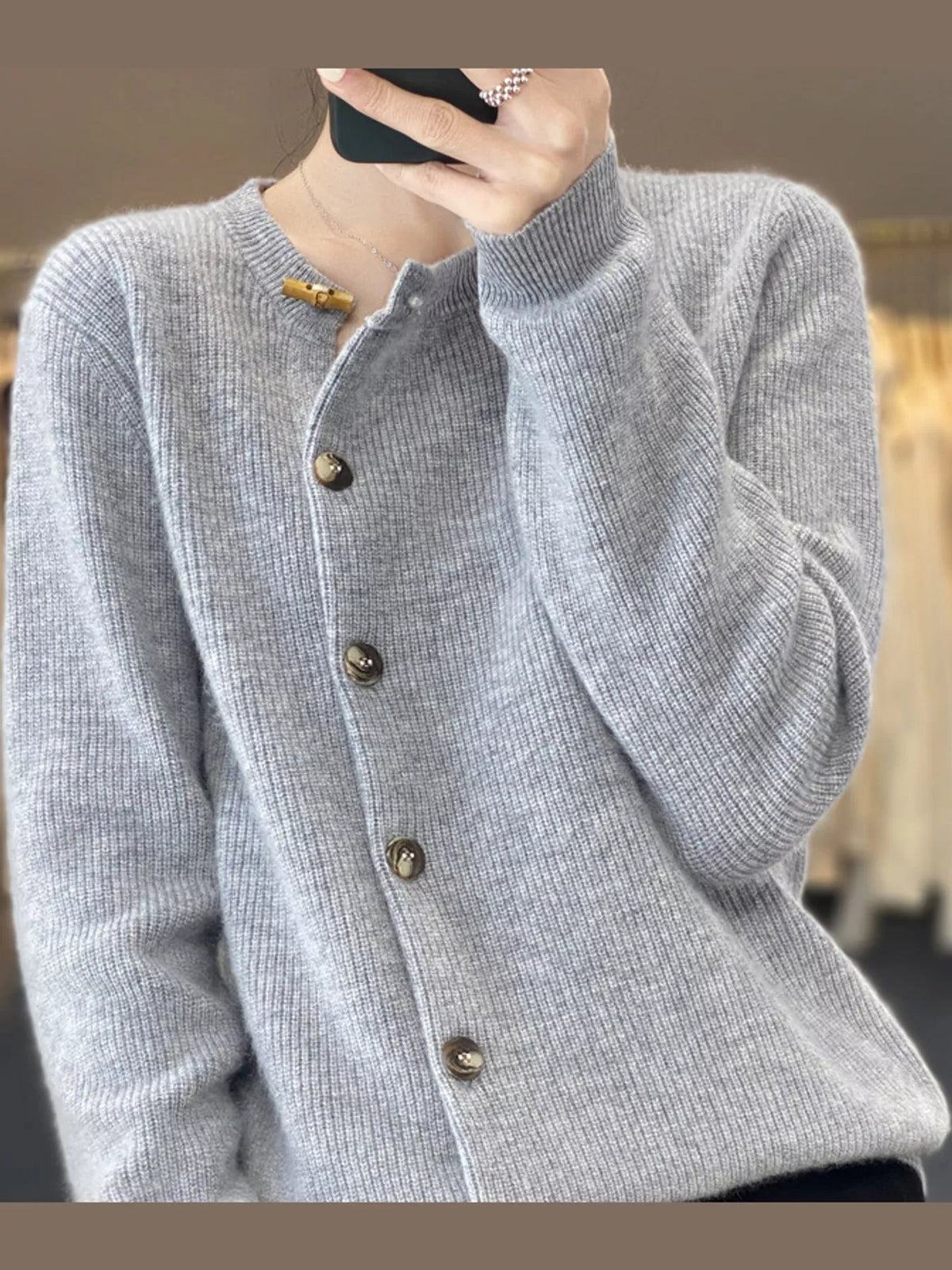 Light Gray ribbed knit asymmetrical button cardigan