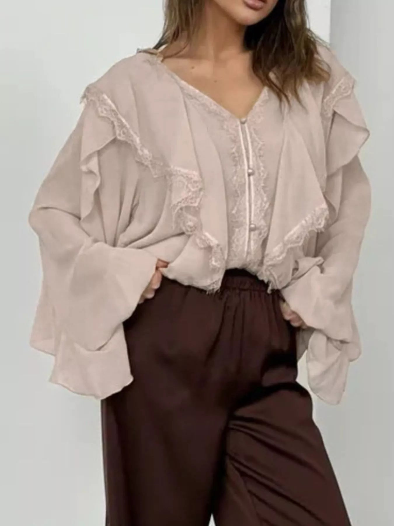 Trendsi V-Neck Ruffled Lace Trim Blouse -