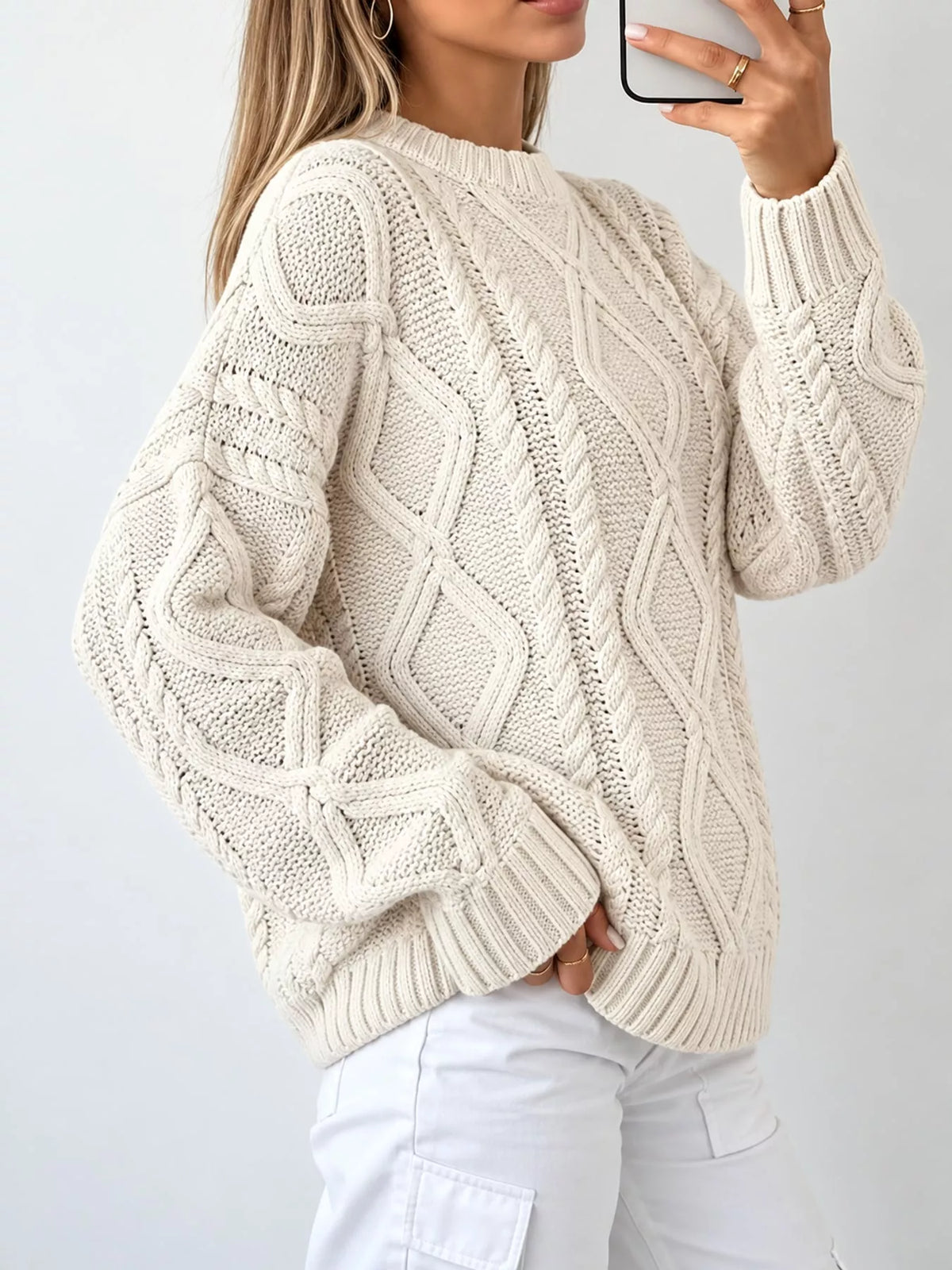 Apricot cable-knit round neck sweater