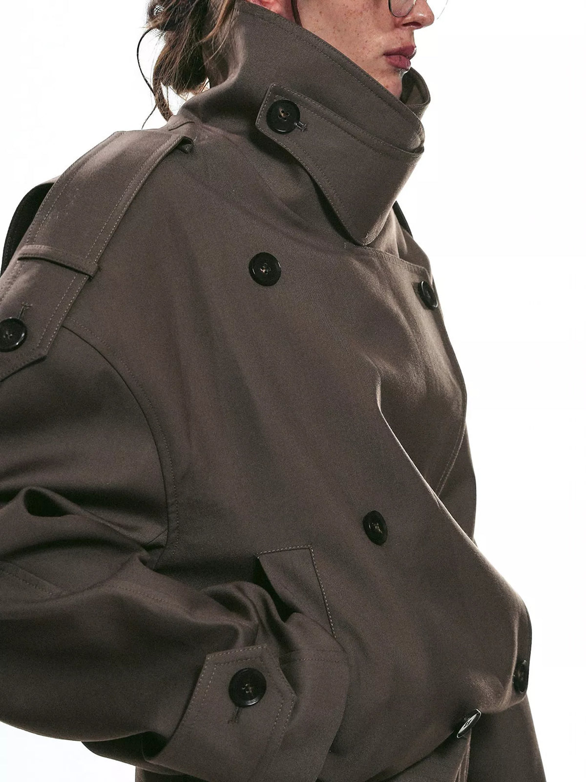 Women's Belted Waist Button Up Trench Jacket in brown — neckline detail view