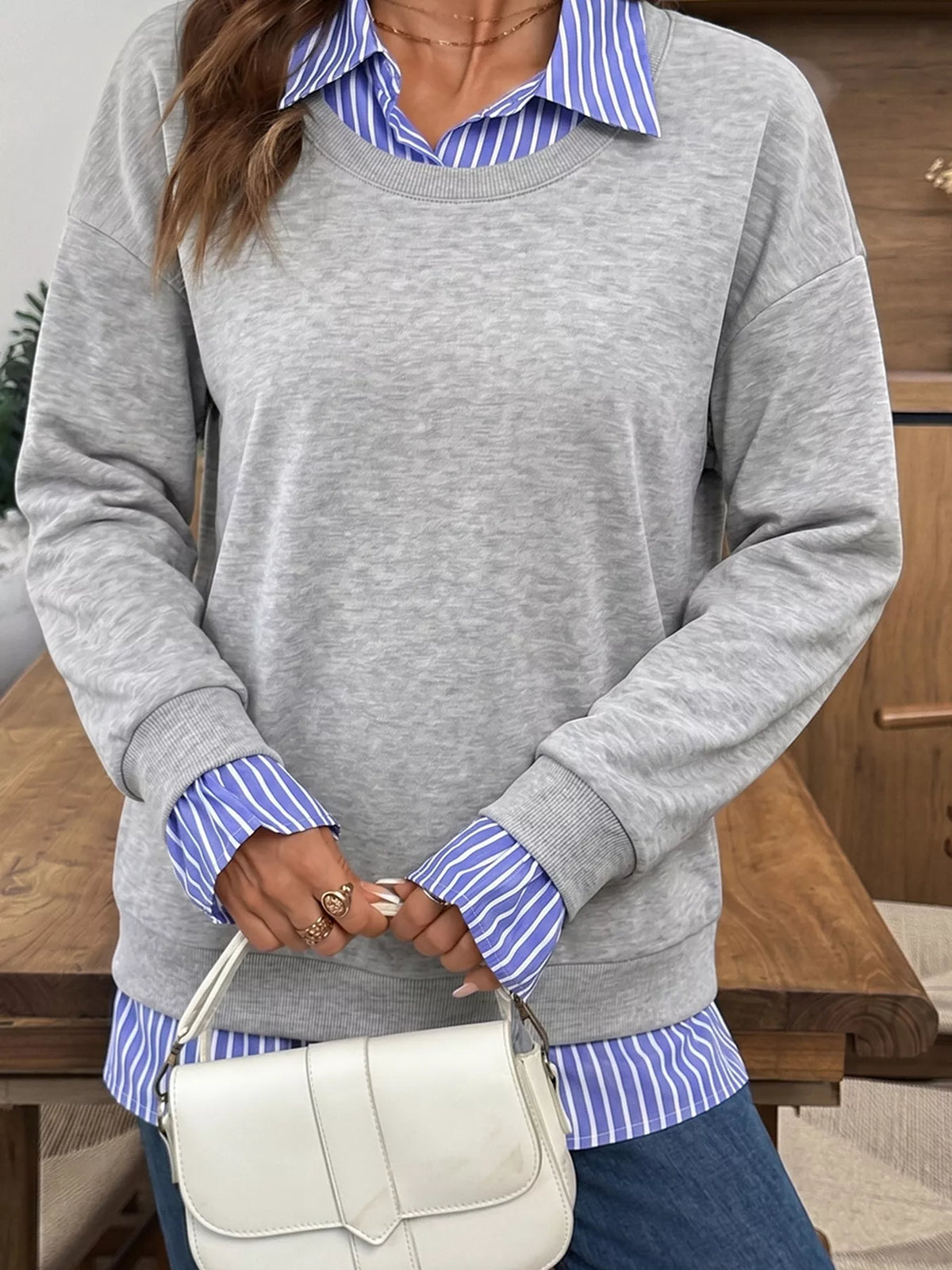 Striped-collar sweatshirt, gray front collar view