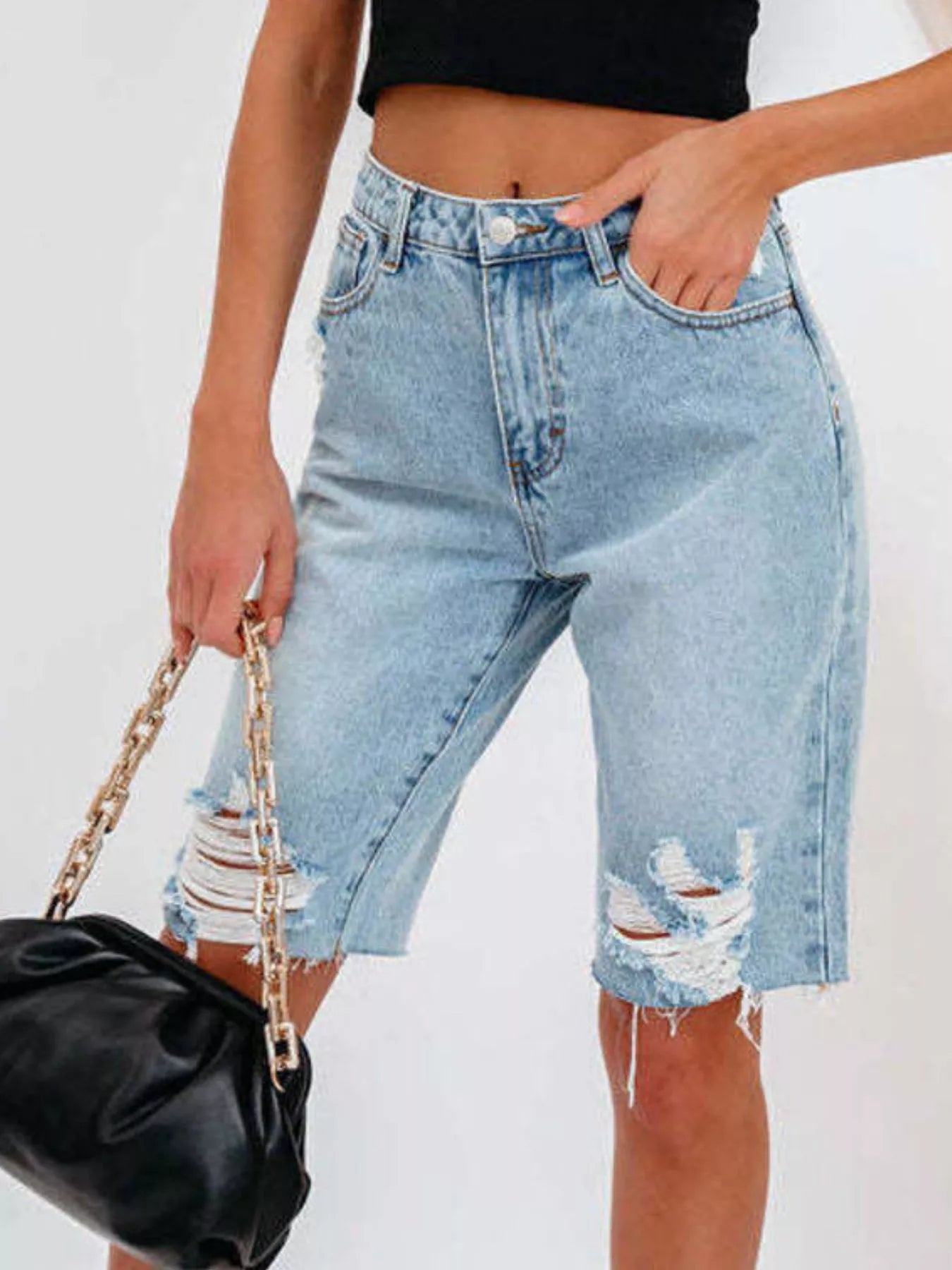 Trendsi High-Waisted Distressed Denim Shorts -