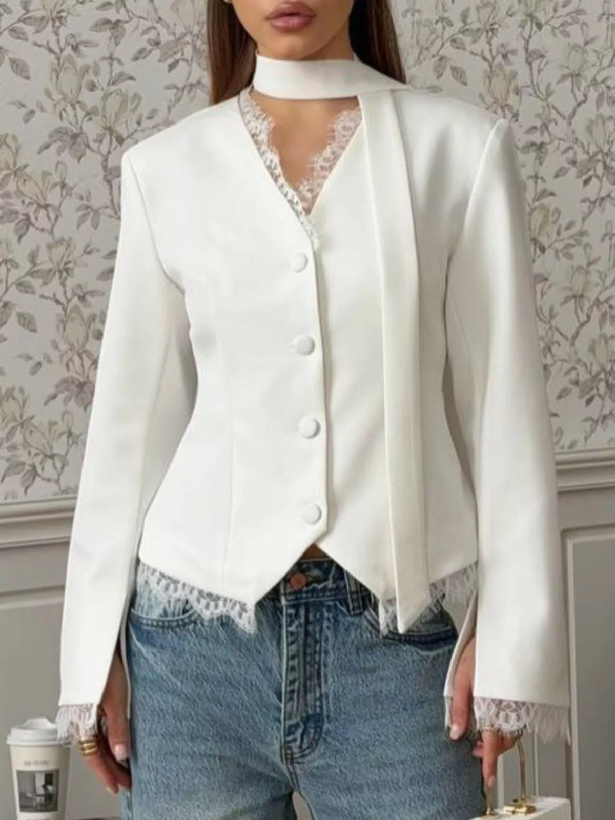 Trendsi Lace Trim Button Up Blazer -
