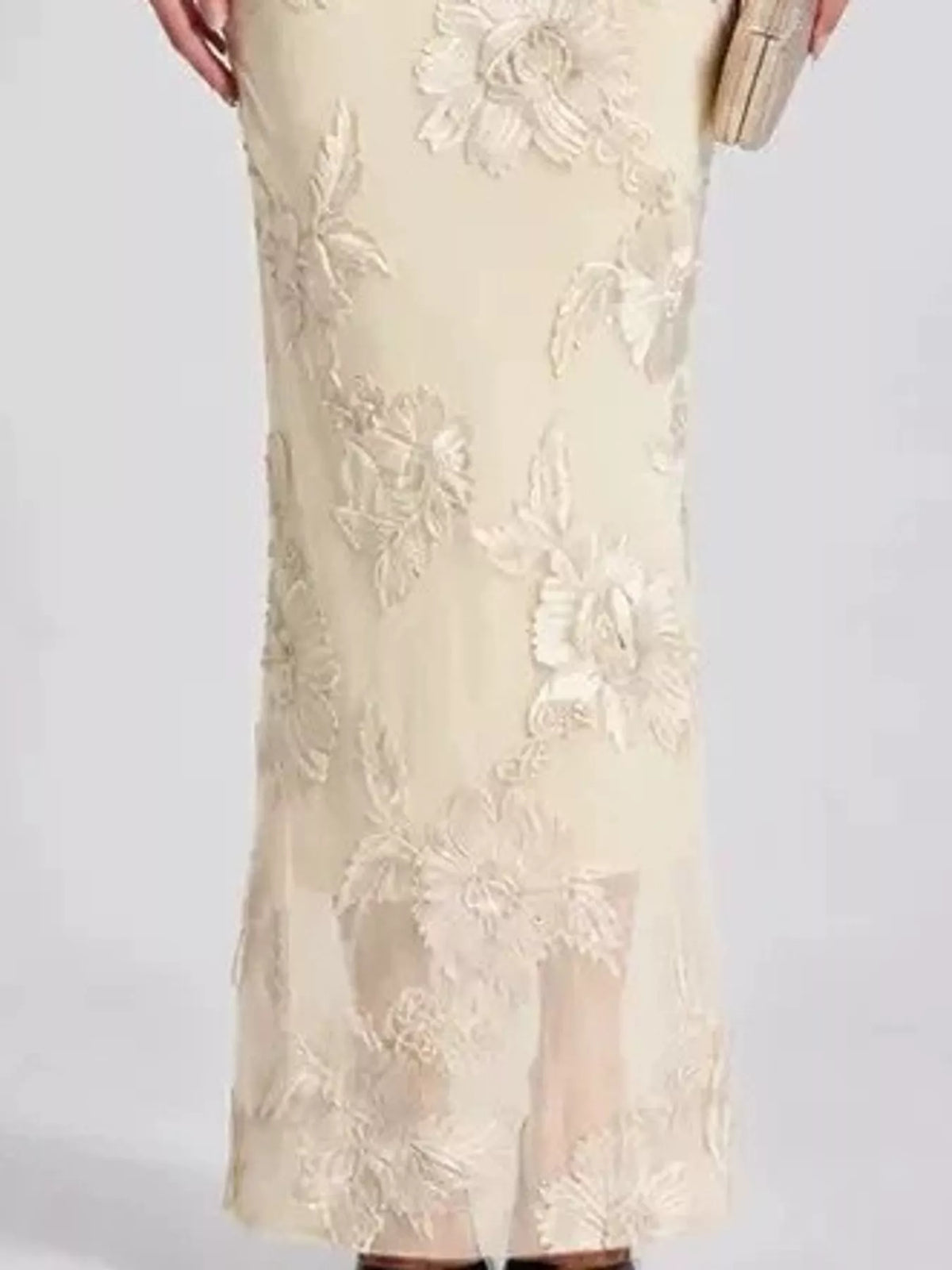 Apricot floral one-shoulder maxi dress, sheer hem detail
