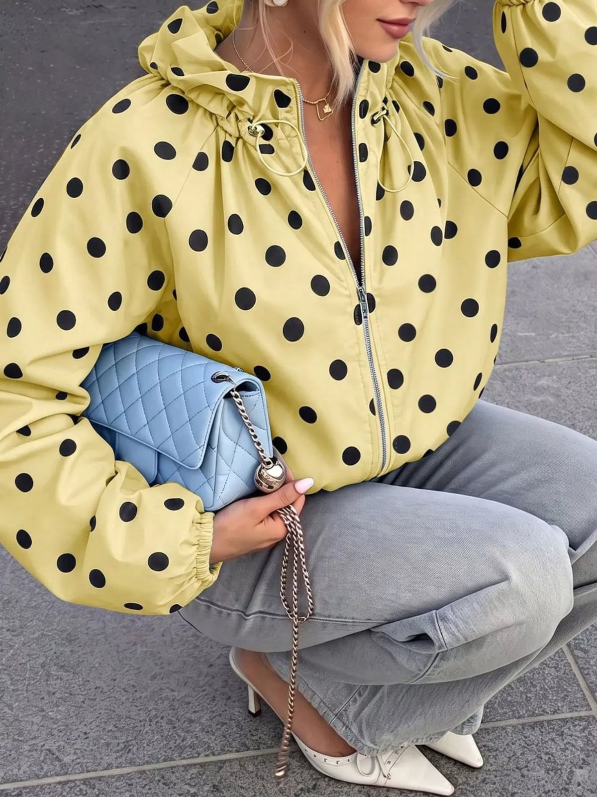 Polka Dot Drawstring Zip-Up Jacket — front view
