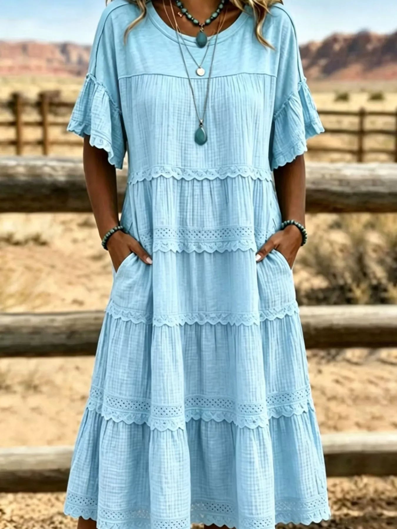 Trendsi Full Size Tiered Ruffle Sleeve Midi Dress with Pockets Plus Size -