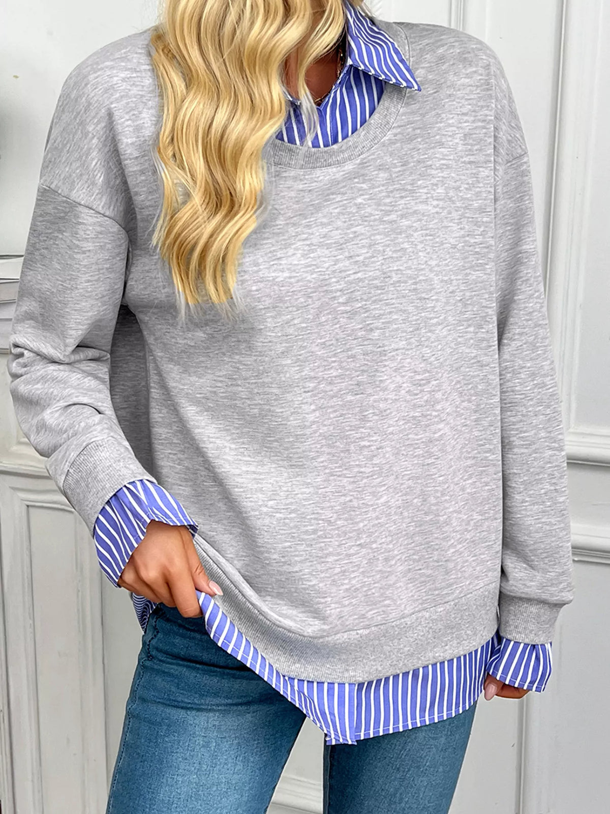 Striped-collar sweatshirt, gray angled front