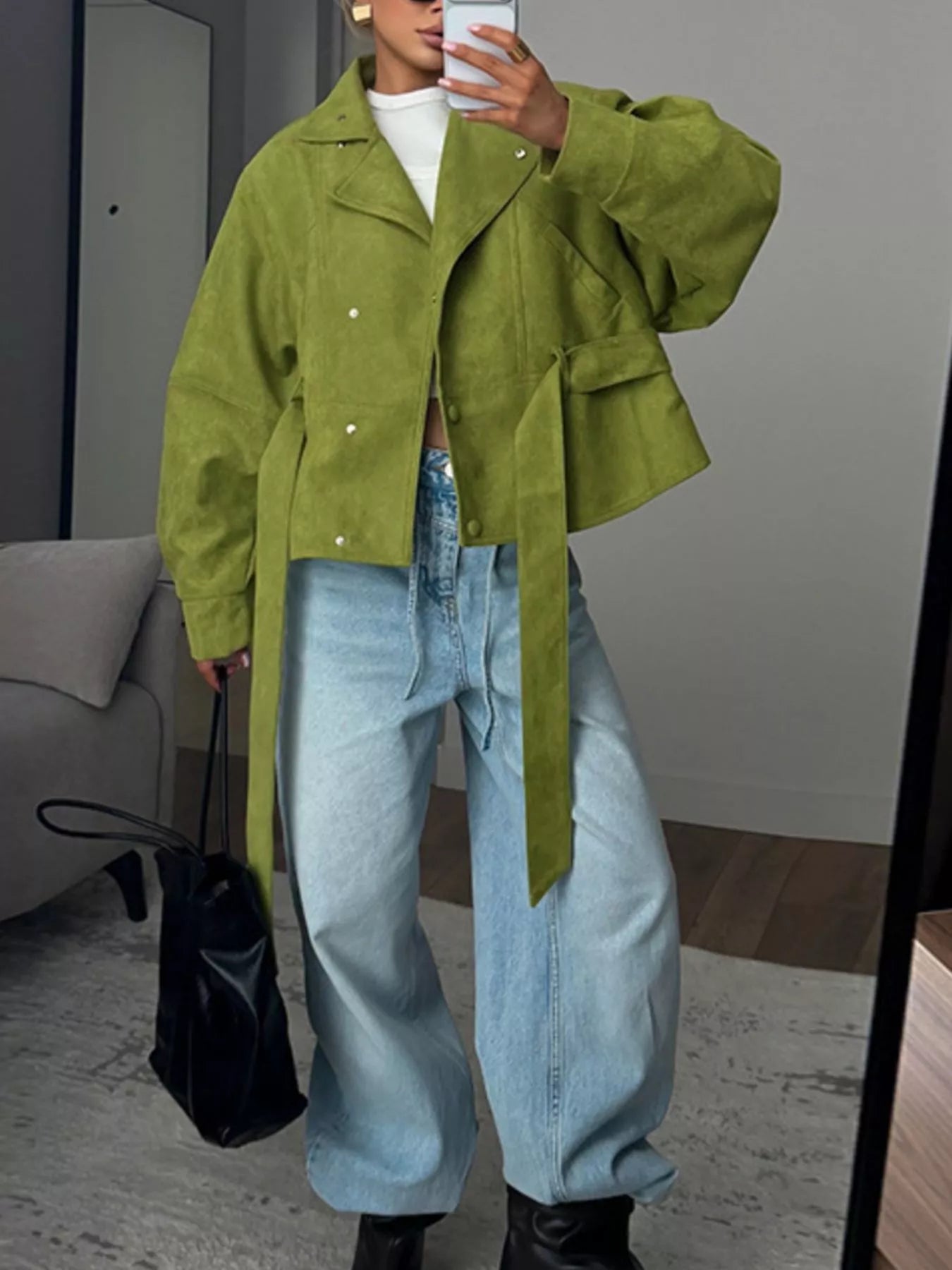 Trendsi Tie Waist Long Sleeve Cropped Jacket -