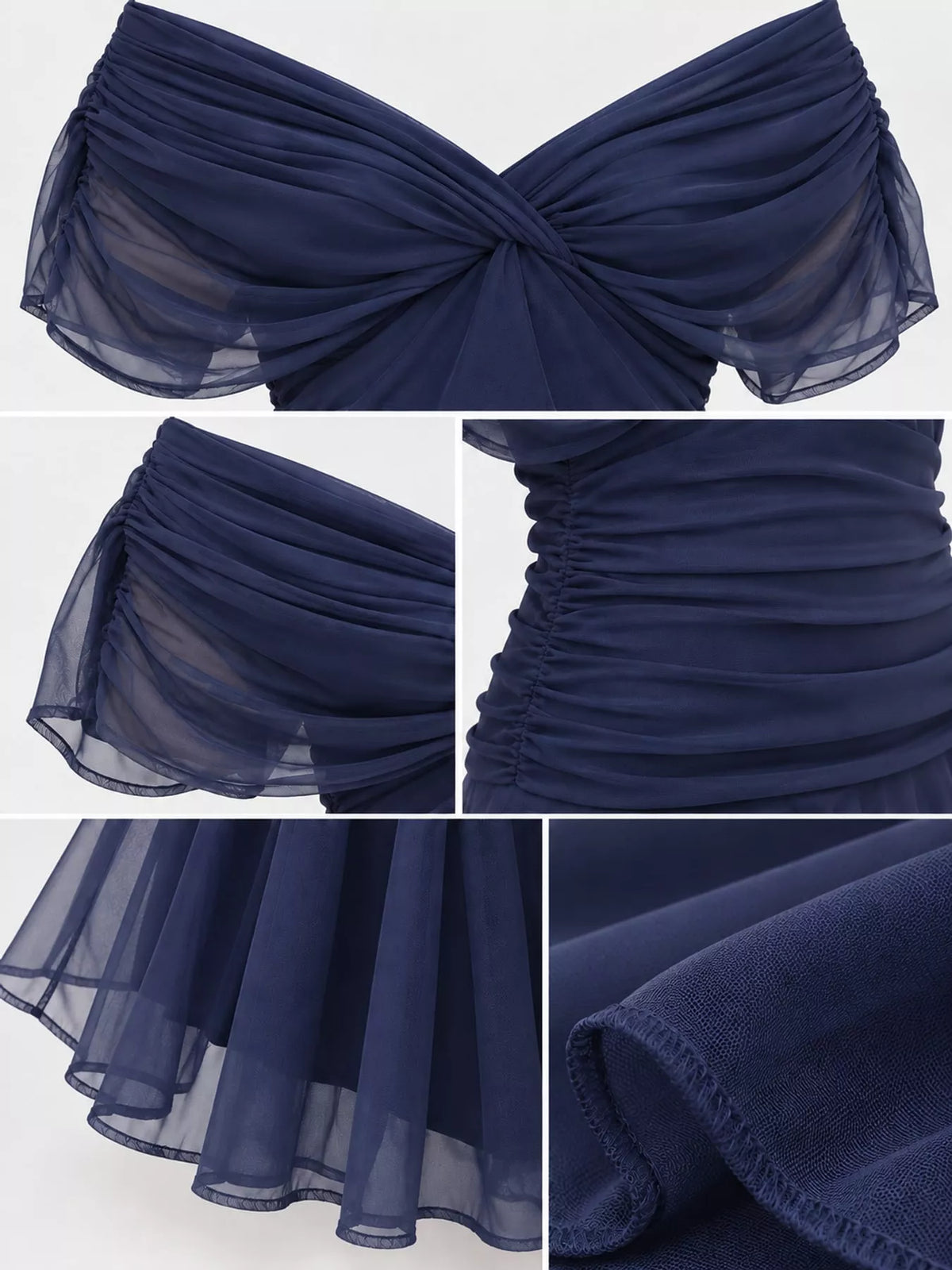 Navy off shoulder ruched tulle evening dress, detail view