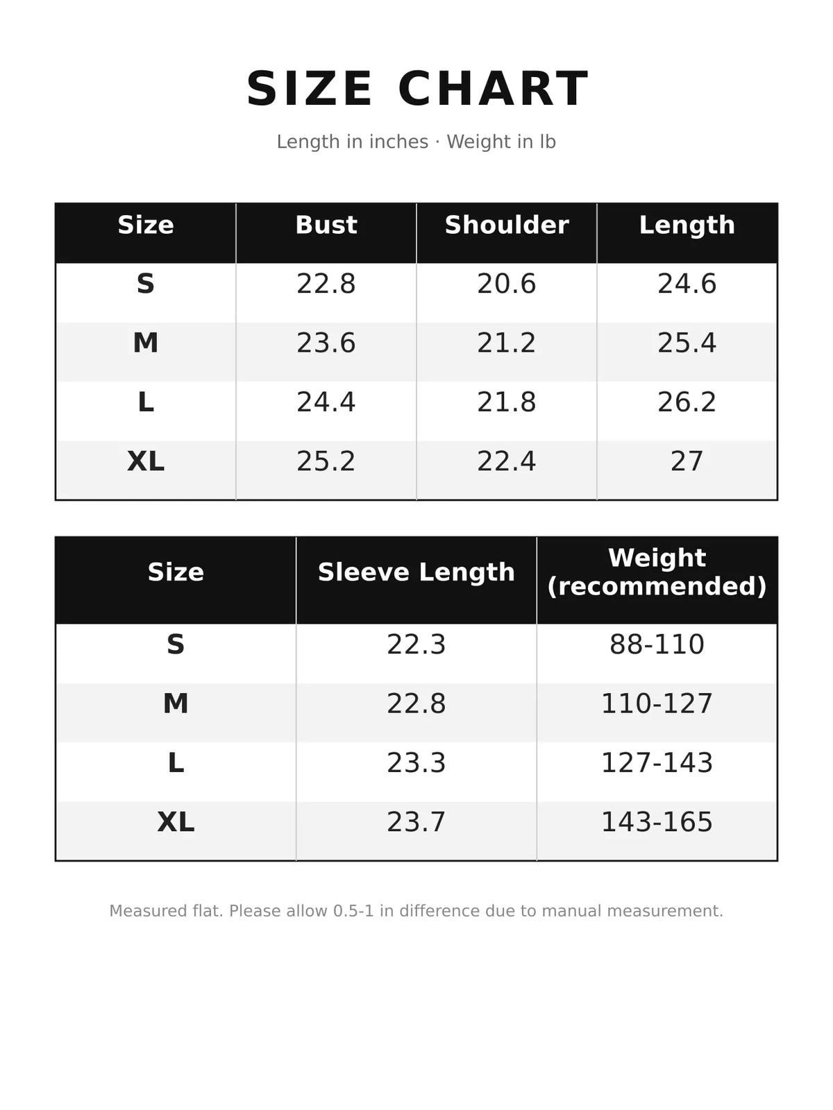 Size chart for striped zip-up hoodie
