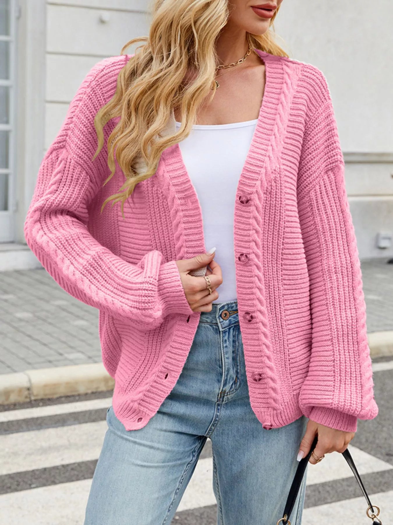 Trendsi Cable Knit Button-Up Cardigan -