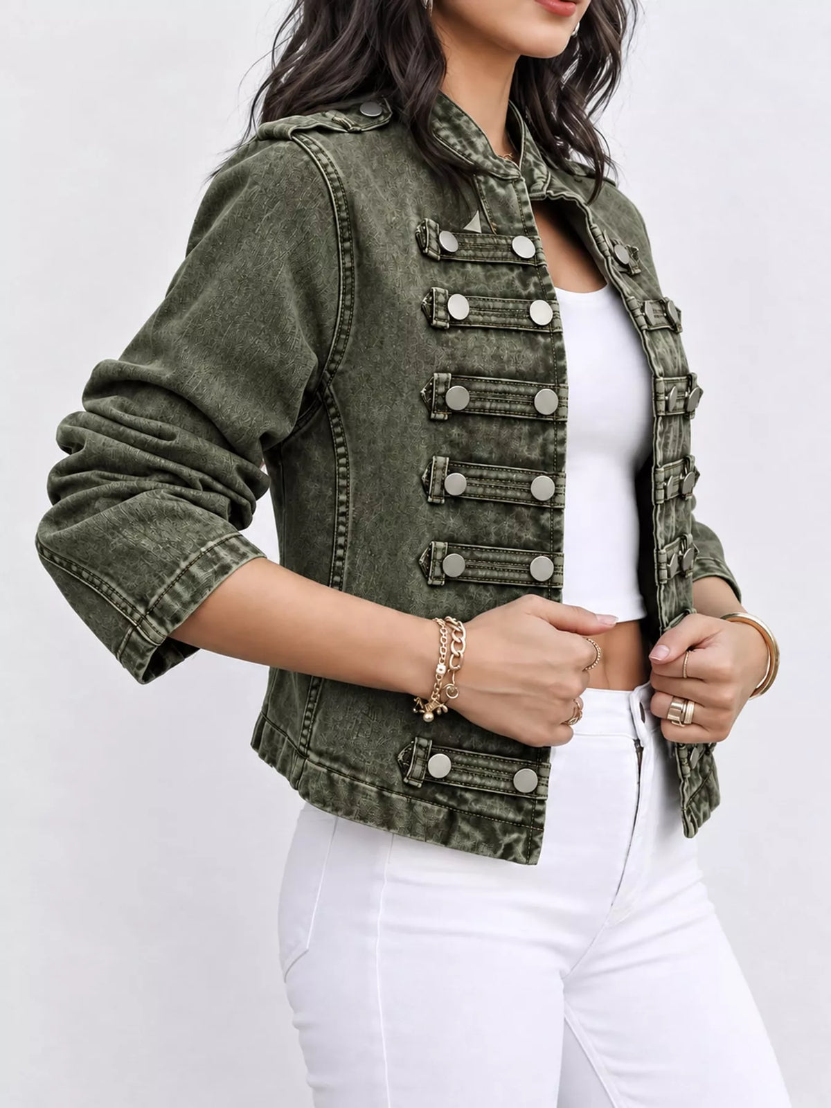 Decorative Button Cropped Denim Jacket — side view