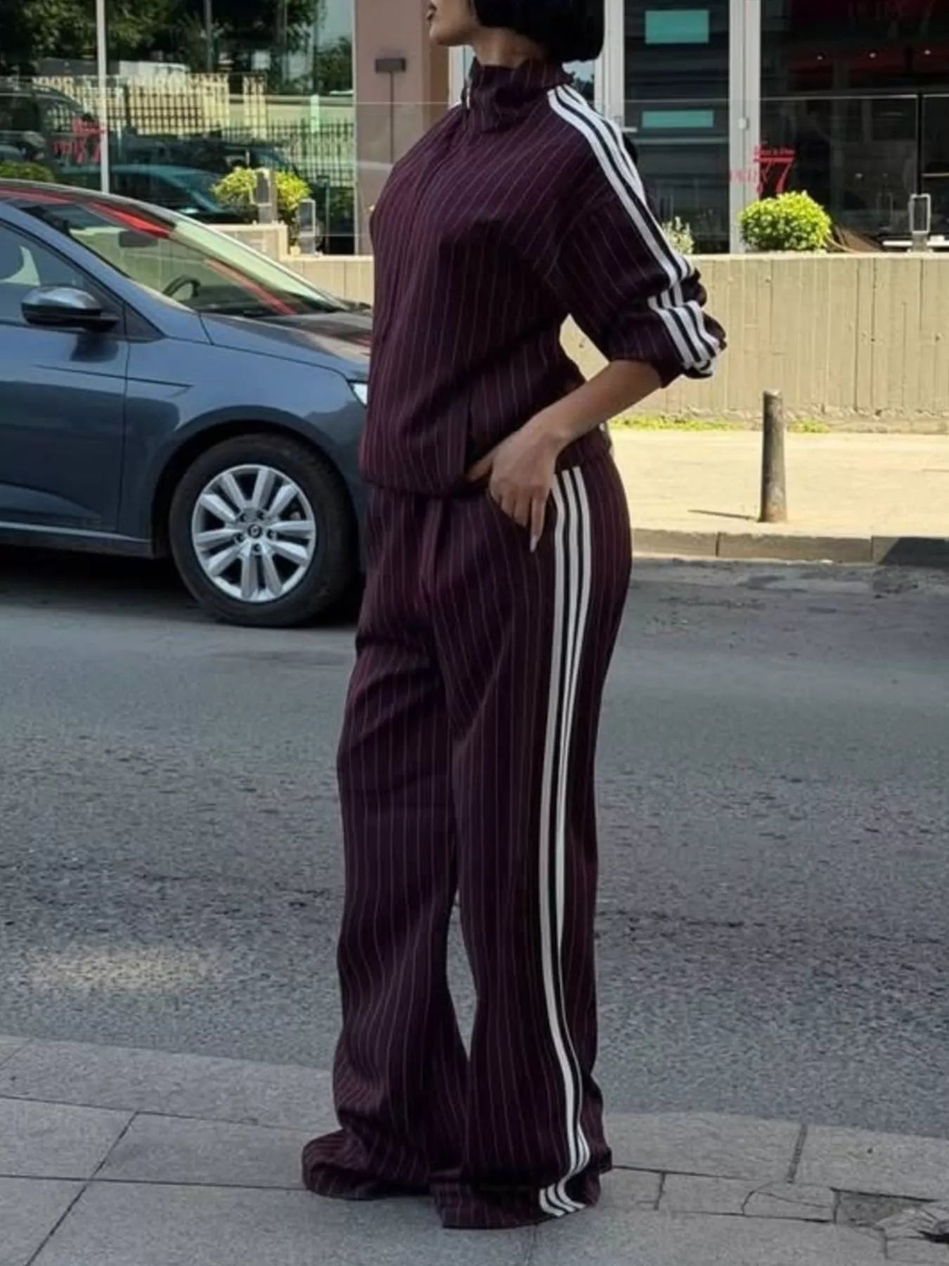 Trendsi Side Stripe Zip Up Jacket and Pants Set -