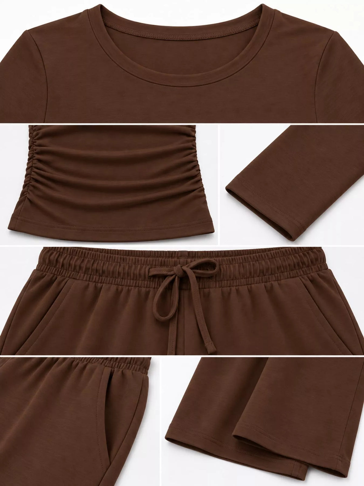 Long Sleeve Ruched Top and Wide-Leg Drawstring Pants Set — construction details