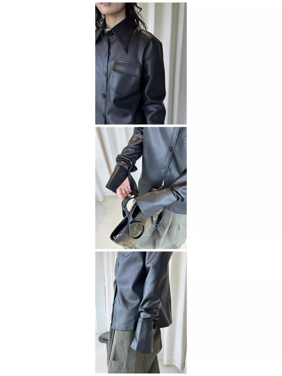 Black faux leather button-front jacket — design and construction details