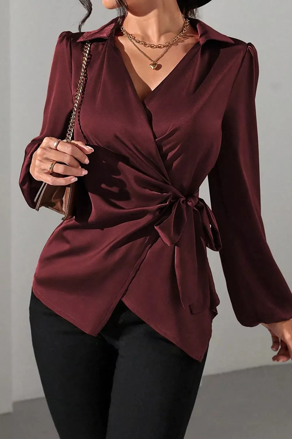 Trendsi Satin Tied Detail Long Sleeve Blouse -