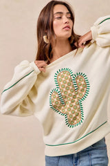 Trendsi BiBi Cactus Embroidered Fleece Sweatshirt -